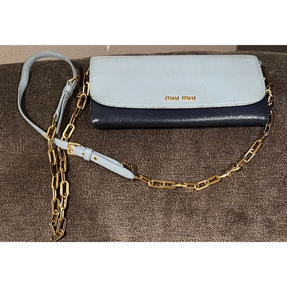 Authentic Miu Miu Wallet On A Chain, Blue With Go… - image 1